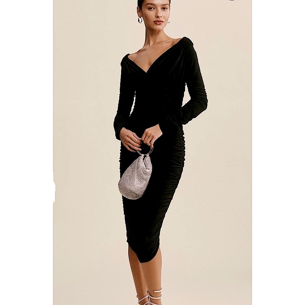 Norma Kamali Tara Deep-V Ruched Midi Dress in Black. Size Small. NWOT